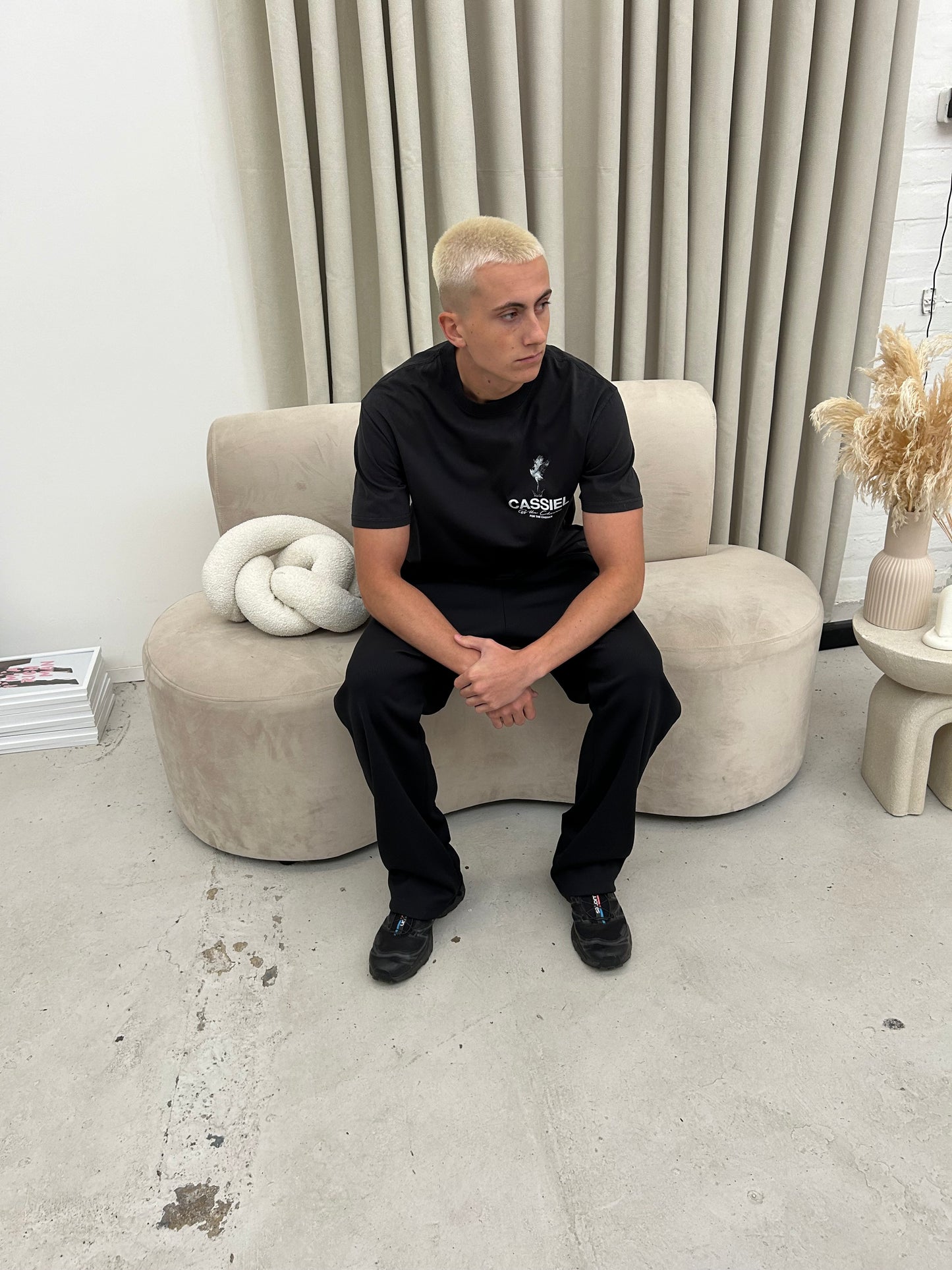 Cassiel Fleur De Lis Angel Back Print Faded Black Tee