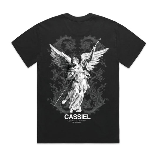 Cassiel Fleur De Lis Angel Back Print Faded Black Tee