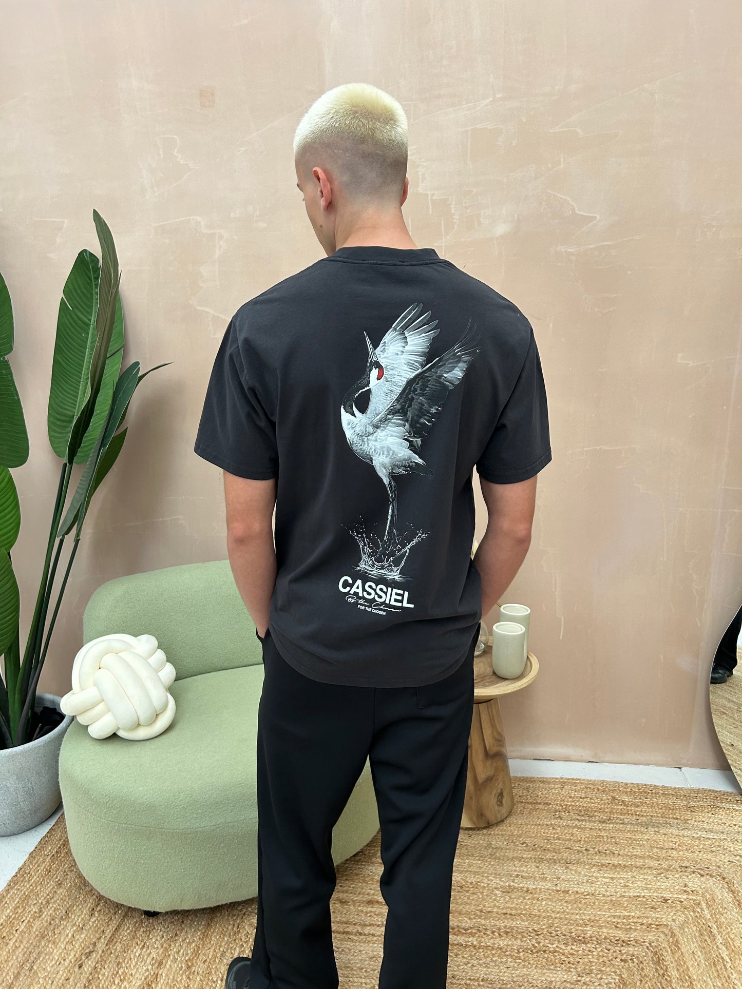 Cassiel Crane Back Print Faded Black Tee