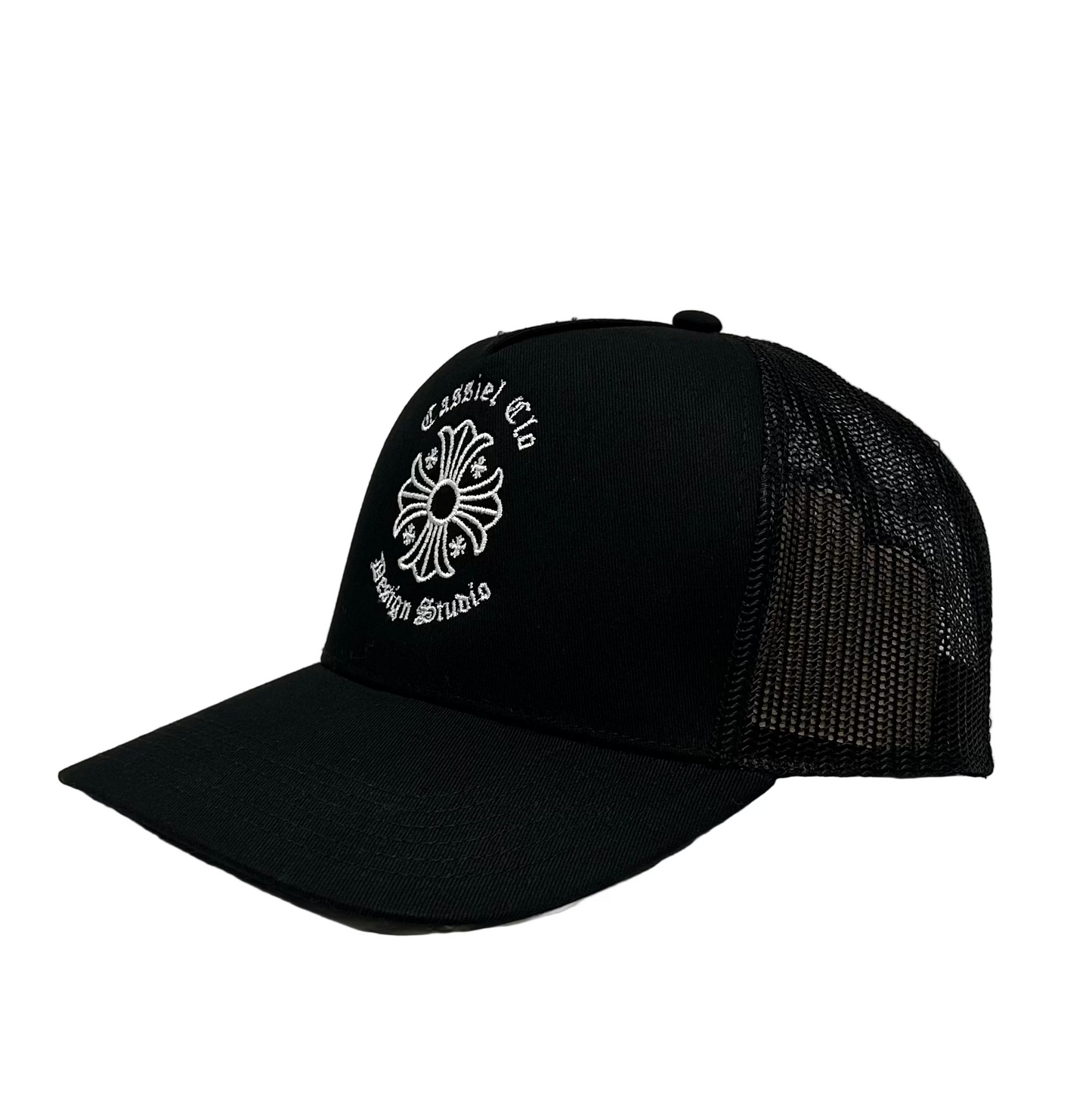 Cassiel Cross Embroidered Black Trucker Cap