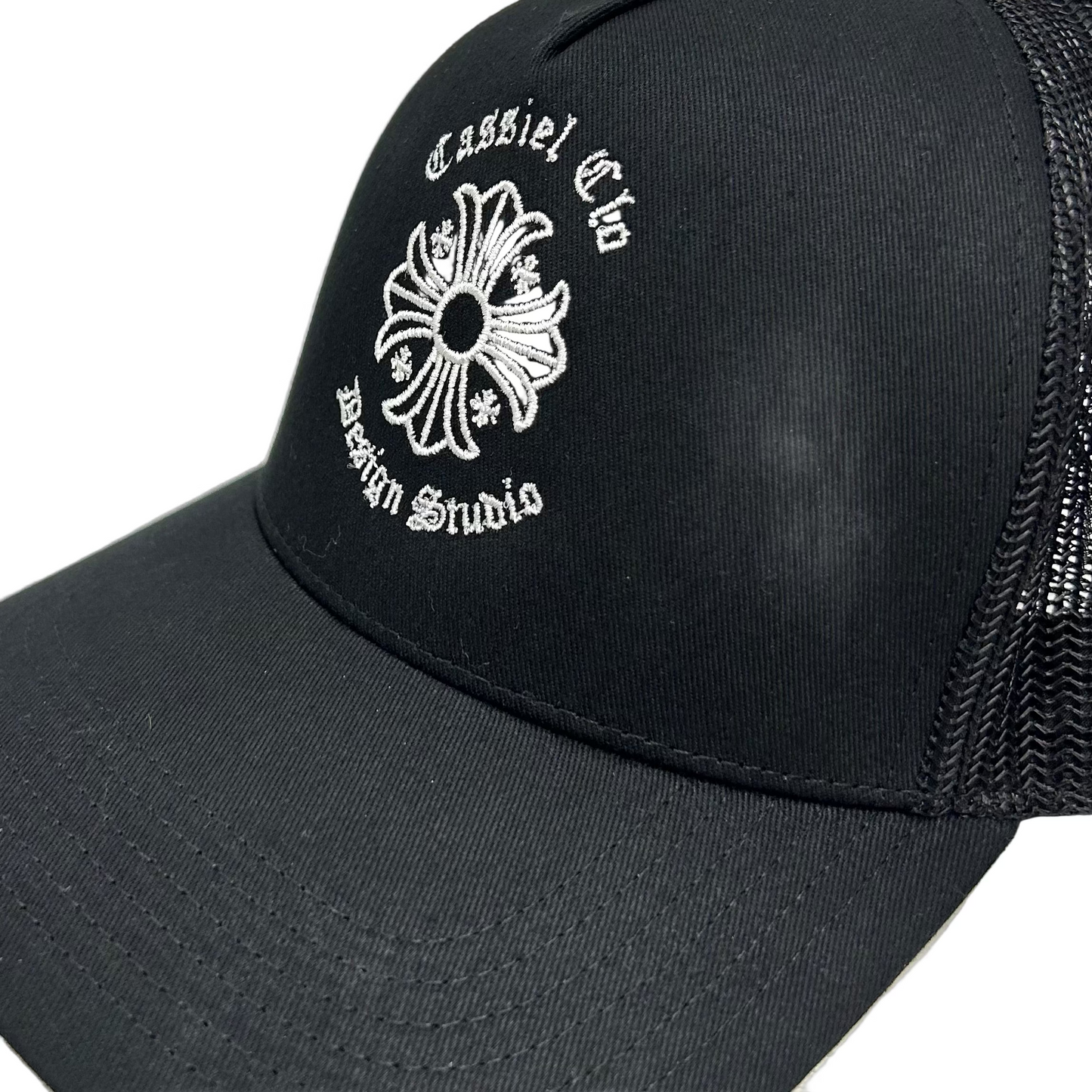 Cassiel Cross Embroidered Black Trucker Cap