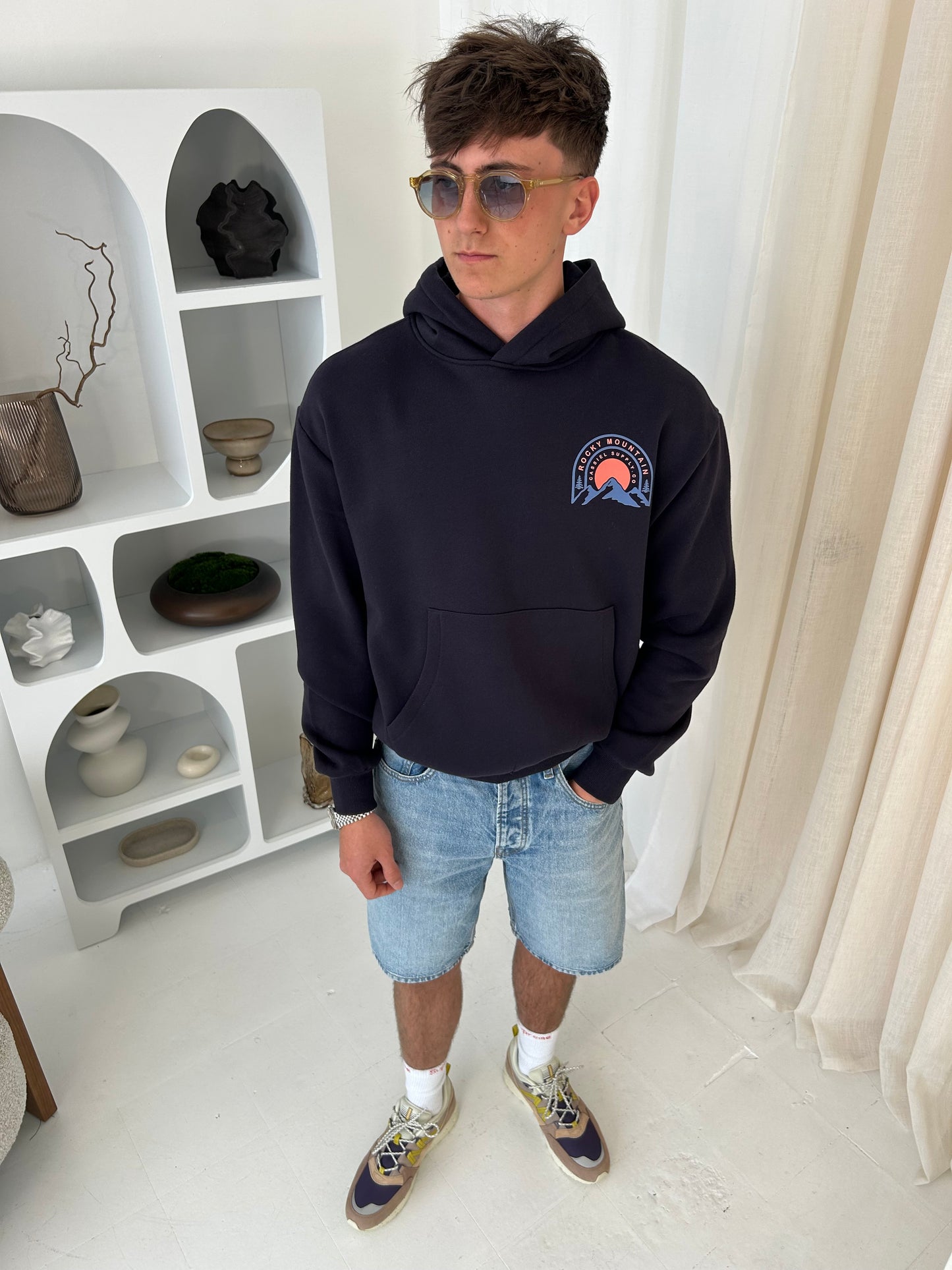 Cassiel Rocky Mountain Navy Box Hoodie Sweatshirt