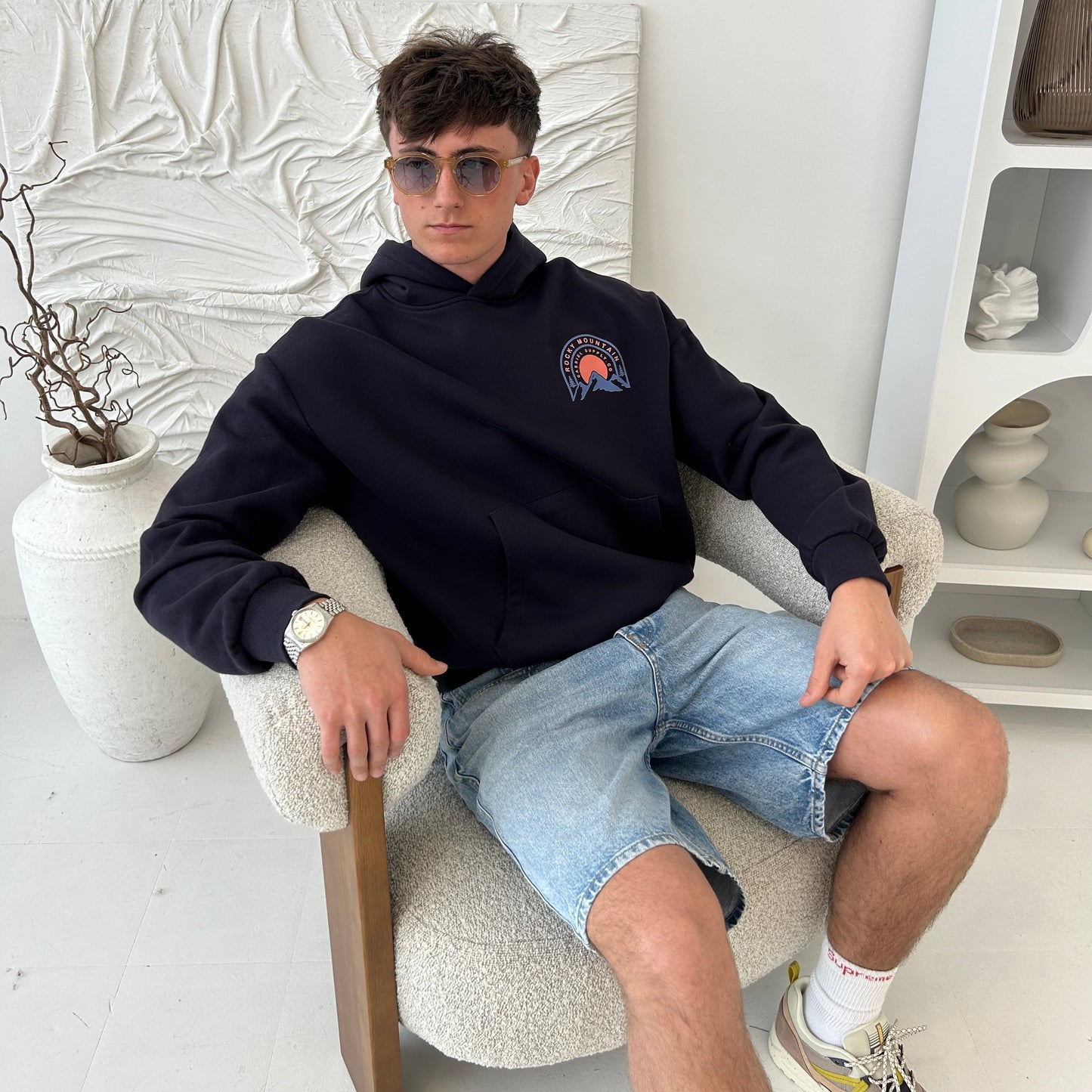 Cassiel Rocky Mountain Navy Box Hoodie Sweatshirt