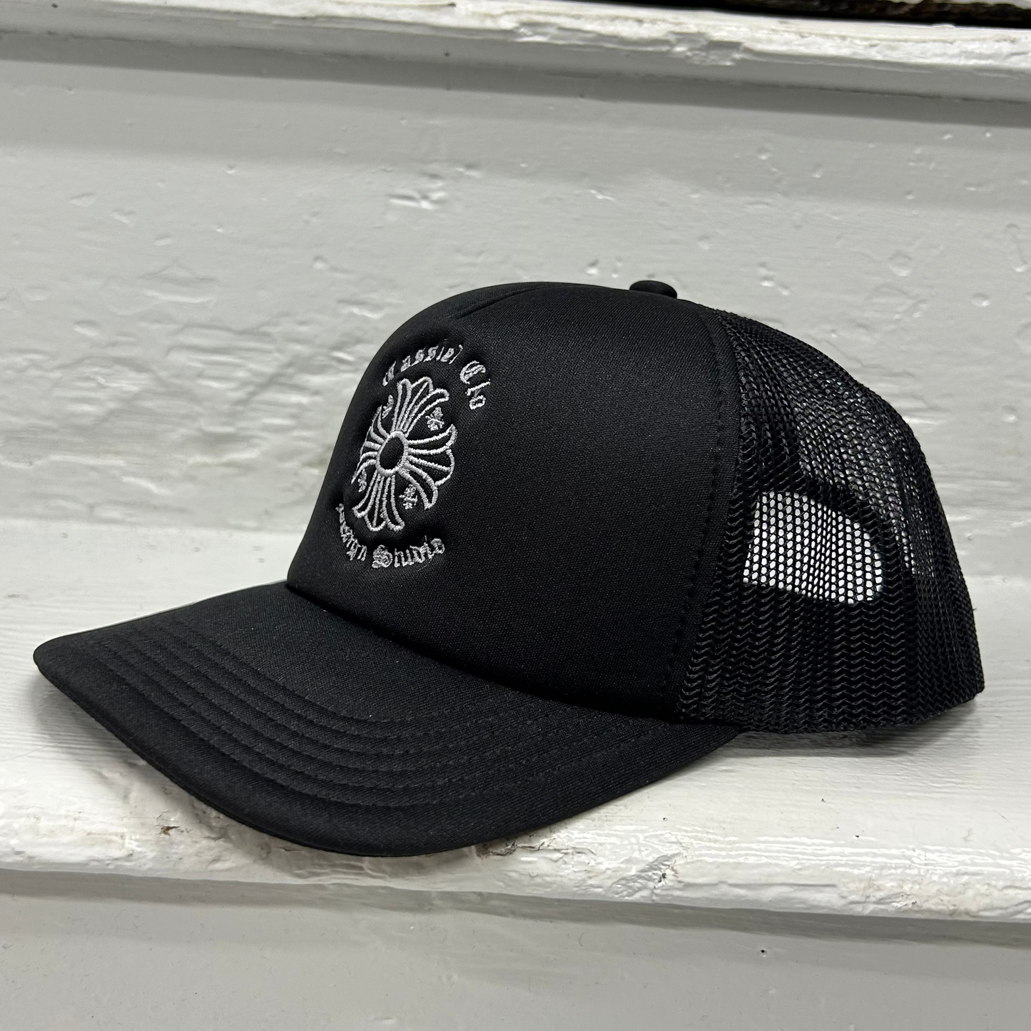Cassiel Cross Logo Black Foam Trucker Cap