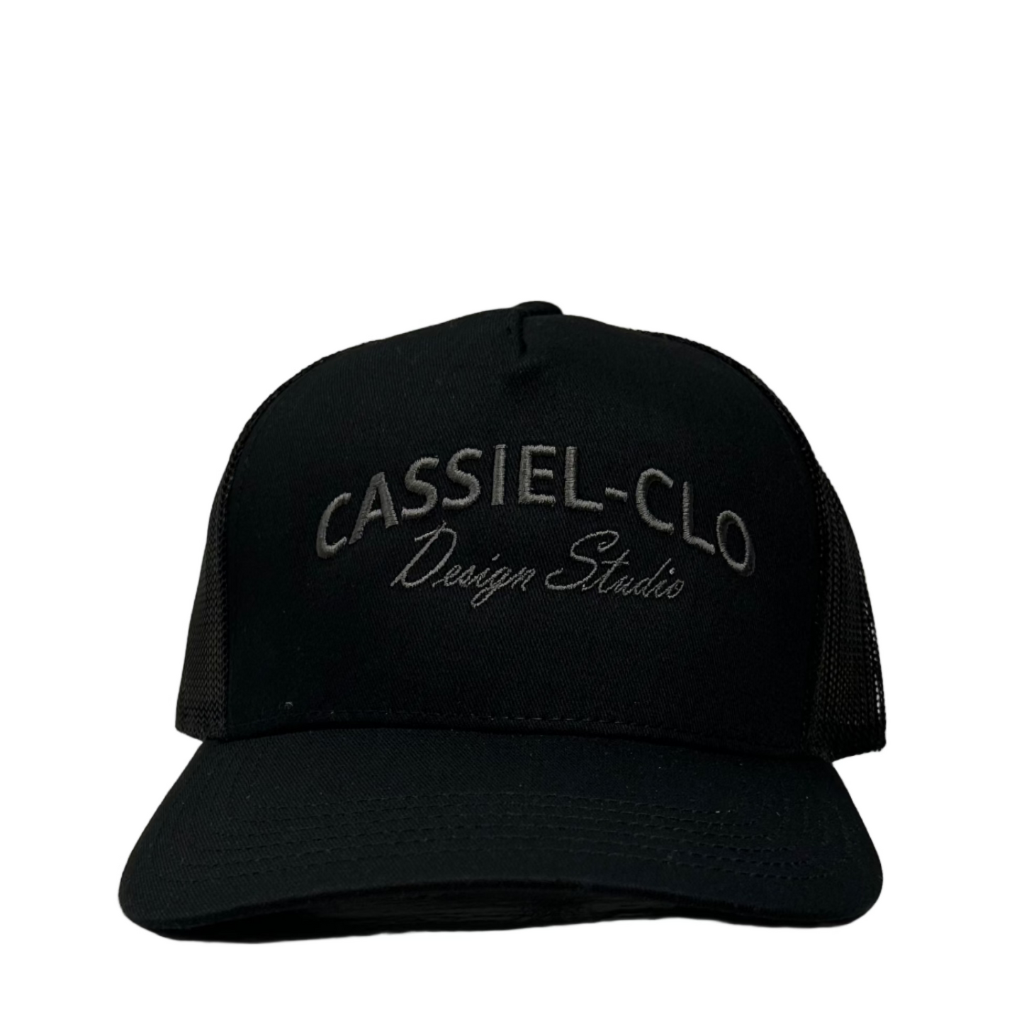 Cassiel Arch Embroidered Black Trucker Cap