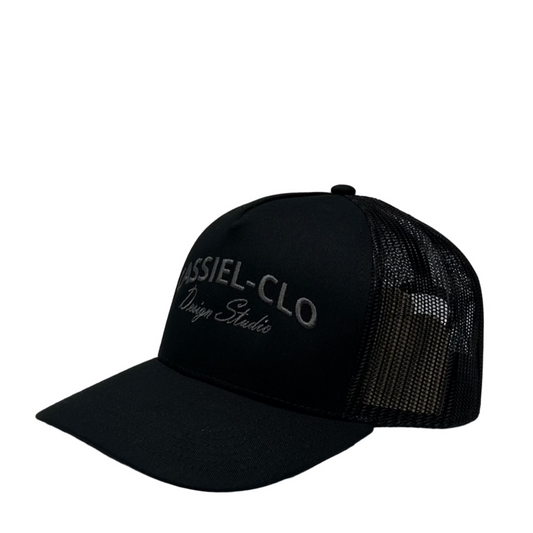 Cassiel Arch Embroidered Black Trucker Cap